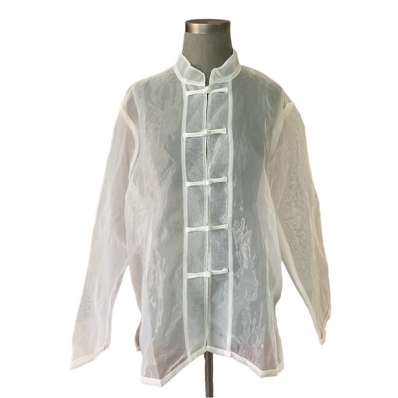 Women’s Shirt Mandarin Long Sleeve Blouse White Organza Sheer Button Front Shirt - Picture 2 of 6